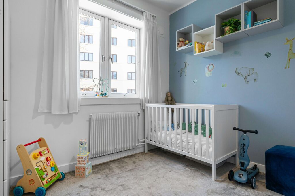 A crib with organic baby bedding