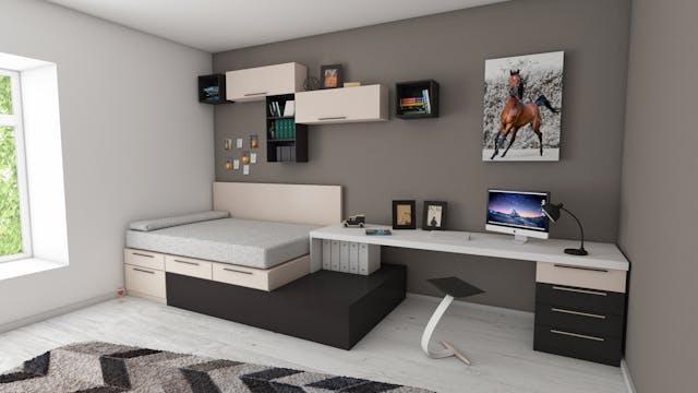 A minimalist bedroom with a single bed, work desk, and shelving, ideal for small spaces.